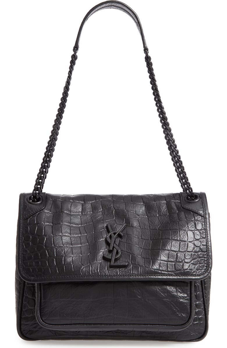 Saint Laurent Medium Niki Croc-Embossed Leather Shoulder Bag, Main, color,