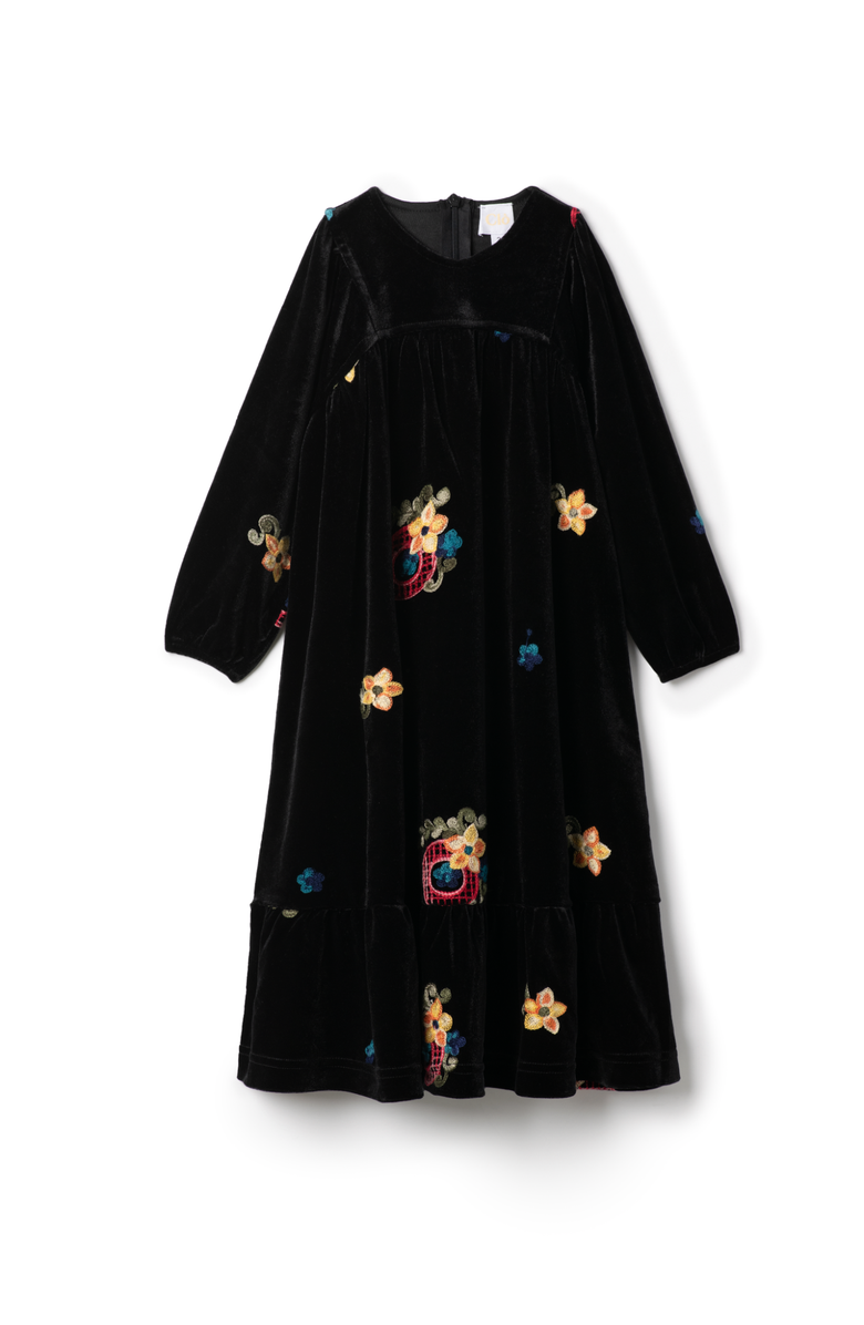 Clô Velour Maxi Robe with Floral Embroidery and Back Zipper, Main, color, Black