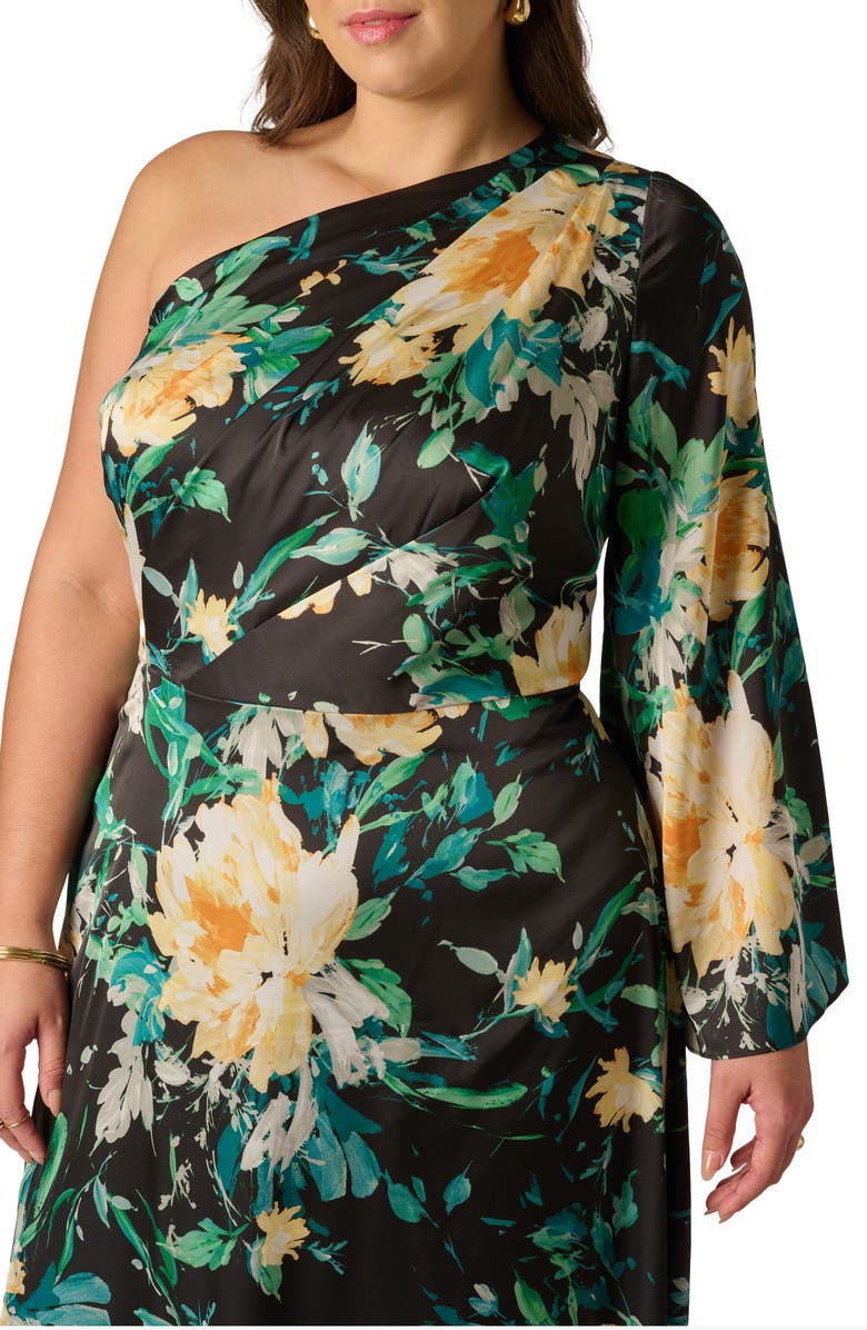 Adrianna Papell Floral Print One-Shoulder Gown, Alternate, color, Black Multi