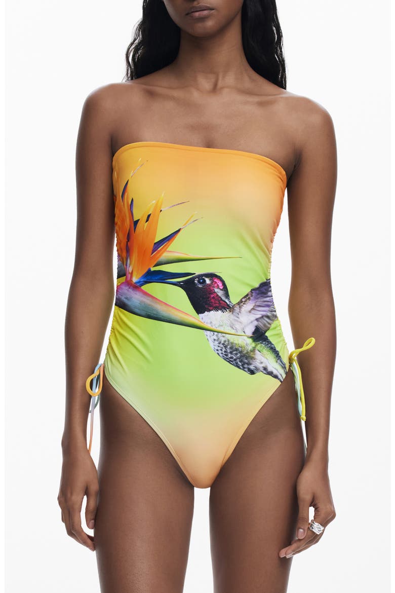 Hummingbird One-Piece Swimsuit, Main, color, YELLOW MULTI