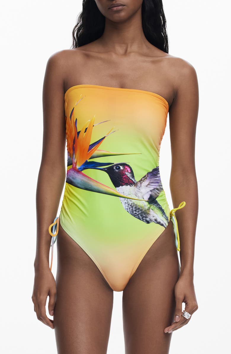 Desigual Hummingbird One-Piece Swimsuit, Main, color, Yellow Multi