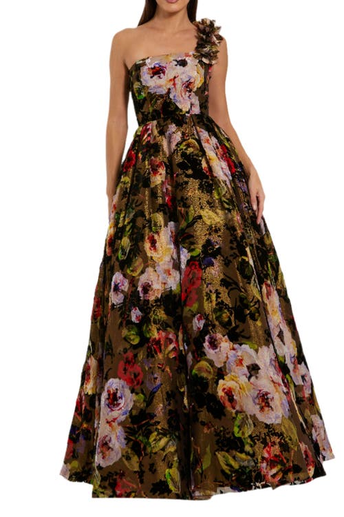 Mac Duggal Multicolor One Shoulder Embossed Organza 3d Flower Gown In Burgundy