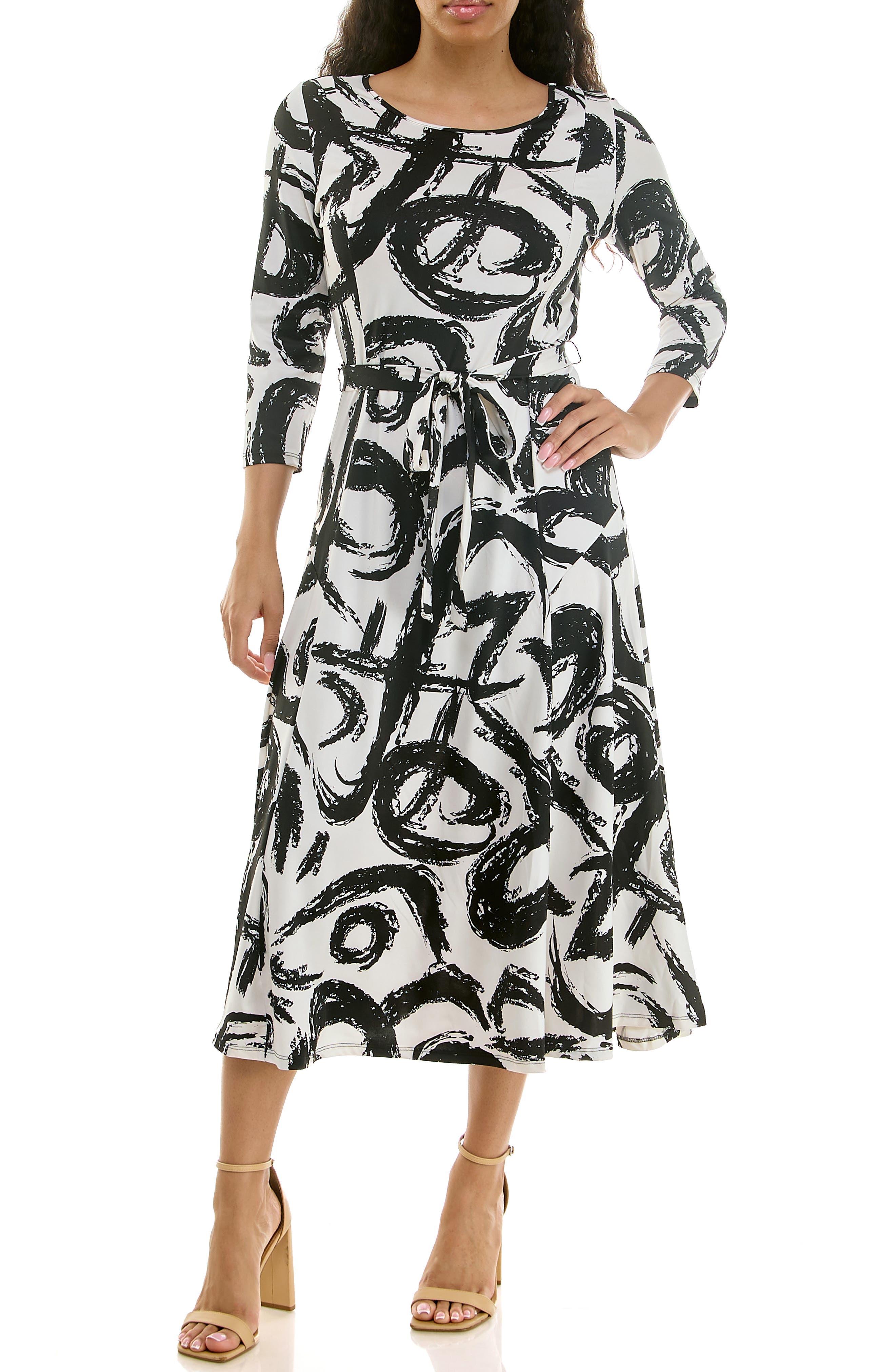 Nina Leonard Crewneck Three-Quarter Sleeve Midi Dress