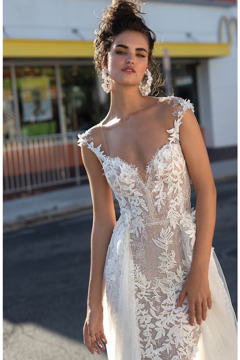 Embroidered Lace Tulle Trumpet Wedding Dress, Alternate, color, IVORY