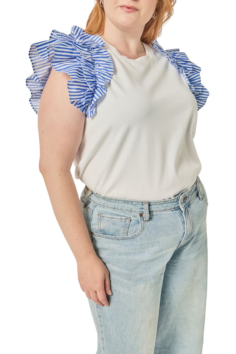 Mixed Media Ruffle Detail T-Shirt, Alternate, color, WHITE/ BLUE STRIPE