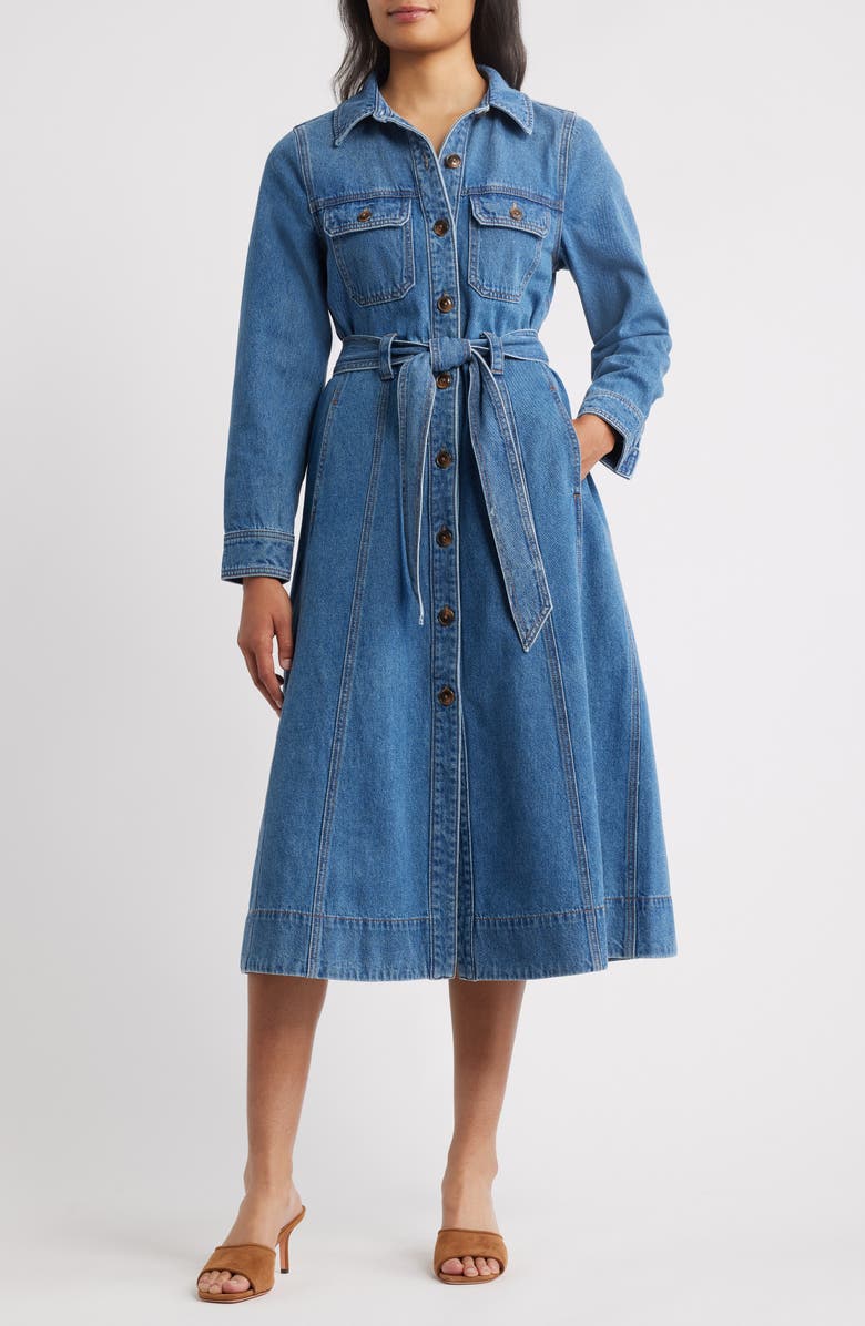 Wit & Wisdom Tie Waist Long Sleeve Denim Maxi Dress, Main, color, Mid Blue