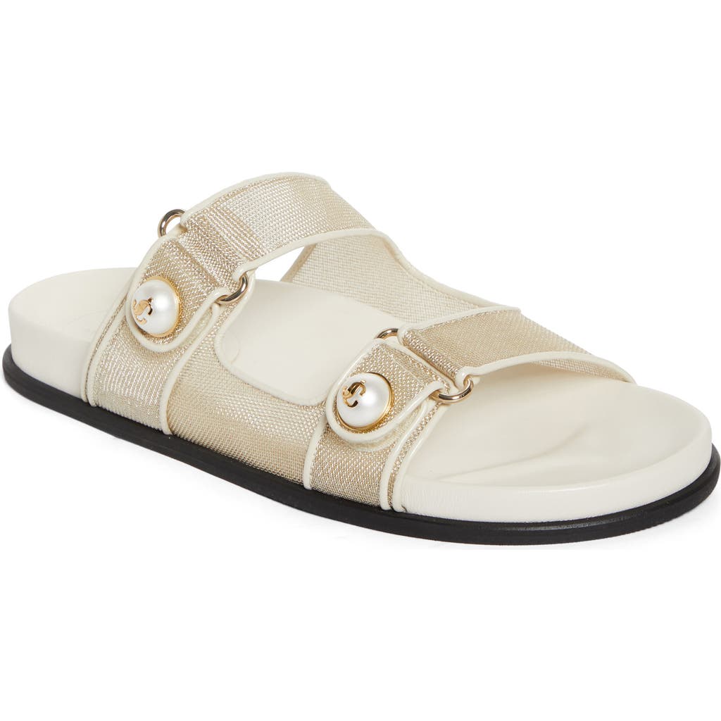Jimmy Choo Fayence Metallic Pearly-button Slide Sandals In Champagne/latte
