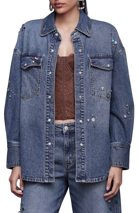 Oversize Jewel Embellished Denim Snap-Up Shirt