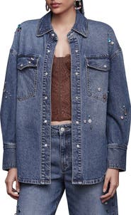Avec Les Filles Oversize Jewel Embellished Denim Snap-Up Shirt