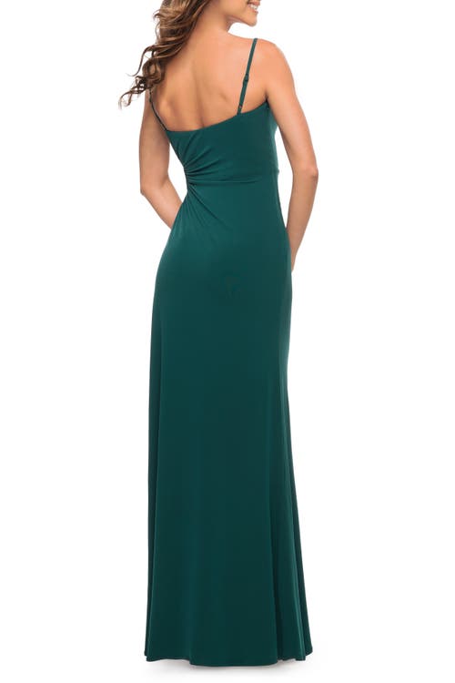 La Femme Prom Dress With Side Cut Out And High Side Slit In Dark Emerald
