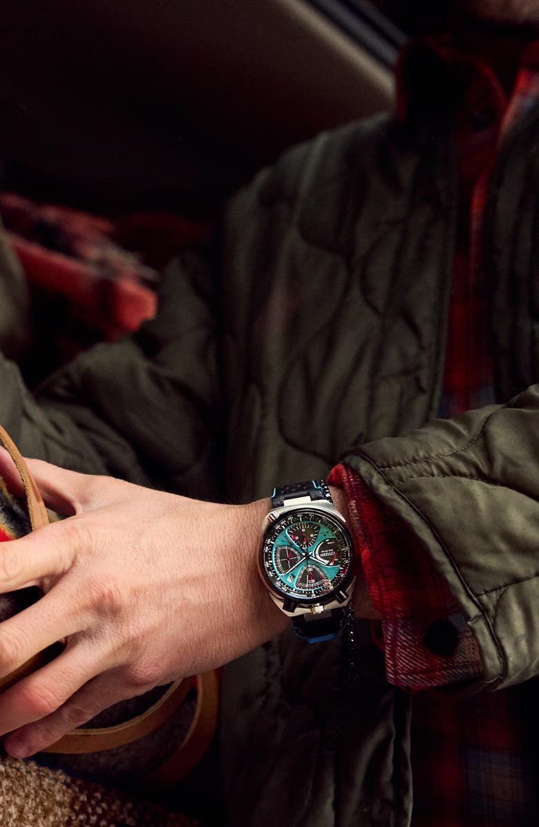 Citizen Promaster Tsuno Chronograph Racer Leather Strap Watch, 44.5mm, Alternate, color, Black/ Blue