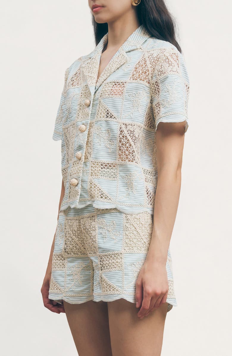 MAUDE CLUB Patchwork Crochet Button-Up Camp Collar Shirt, Alternate, color, Green Beige Multi