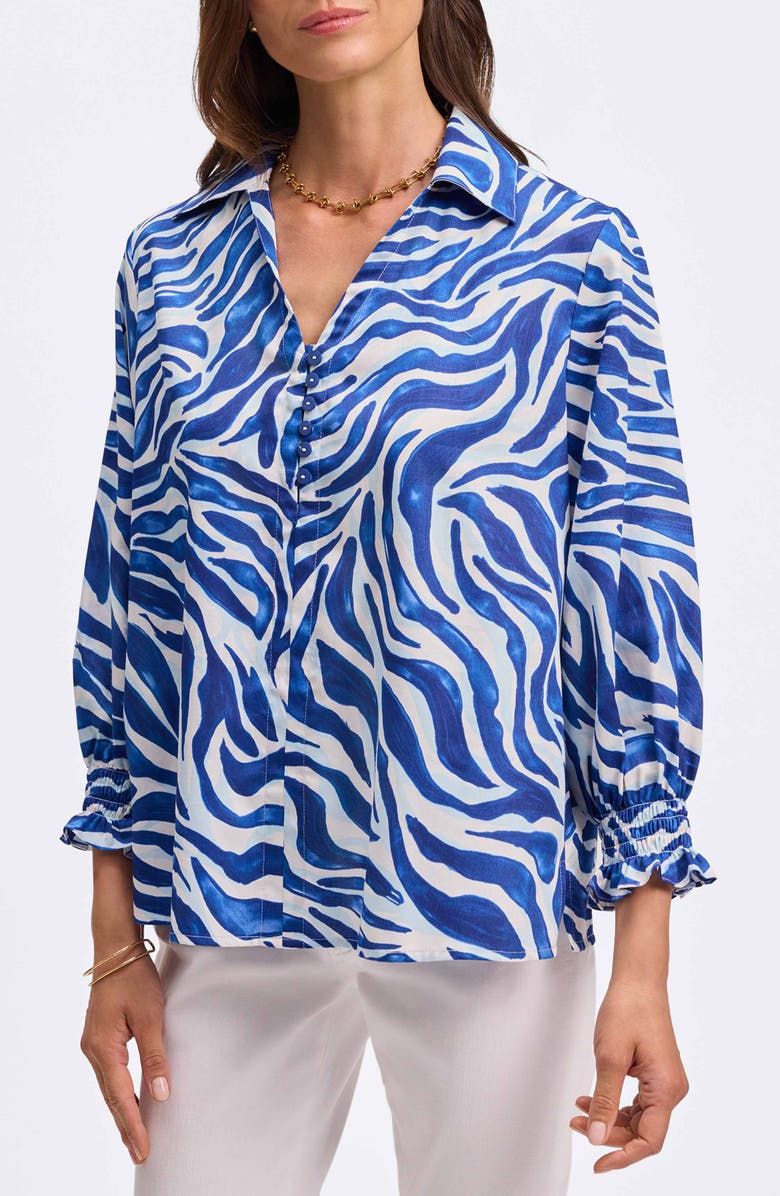 Foxcroft Alexis Print Cotton Popover Top, Main, color, Blue/ White