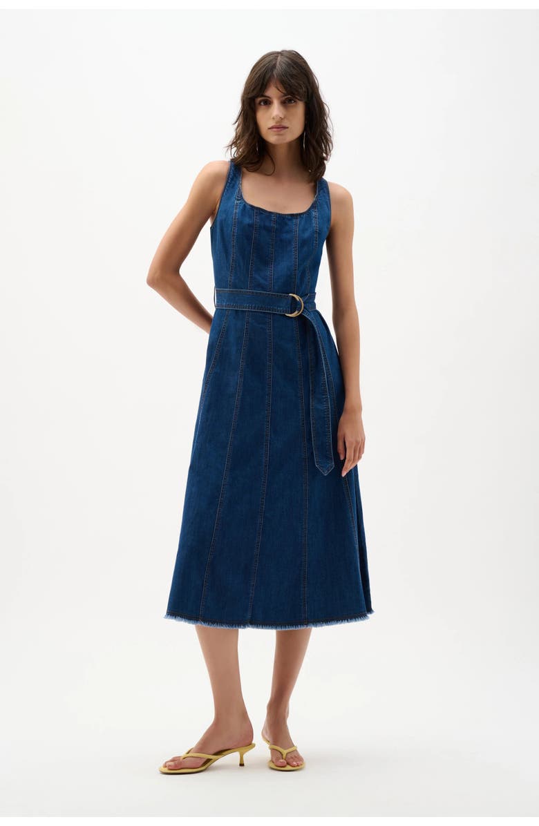 JOSEPH RIBKOFF Denim Fit And Flare Midi Dress With Belt, Main, color, Denim Medium Blue