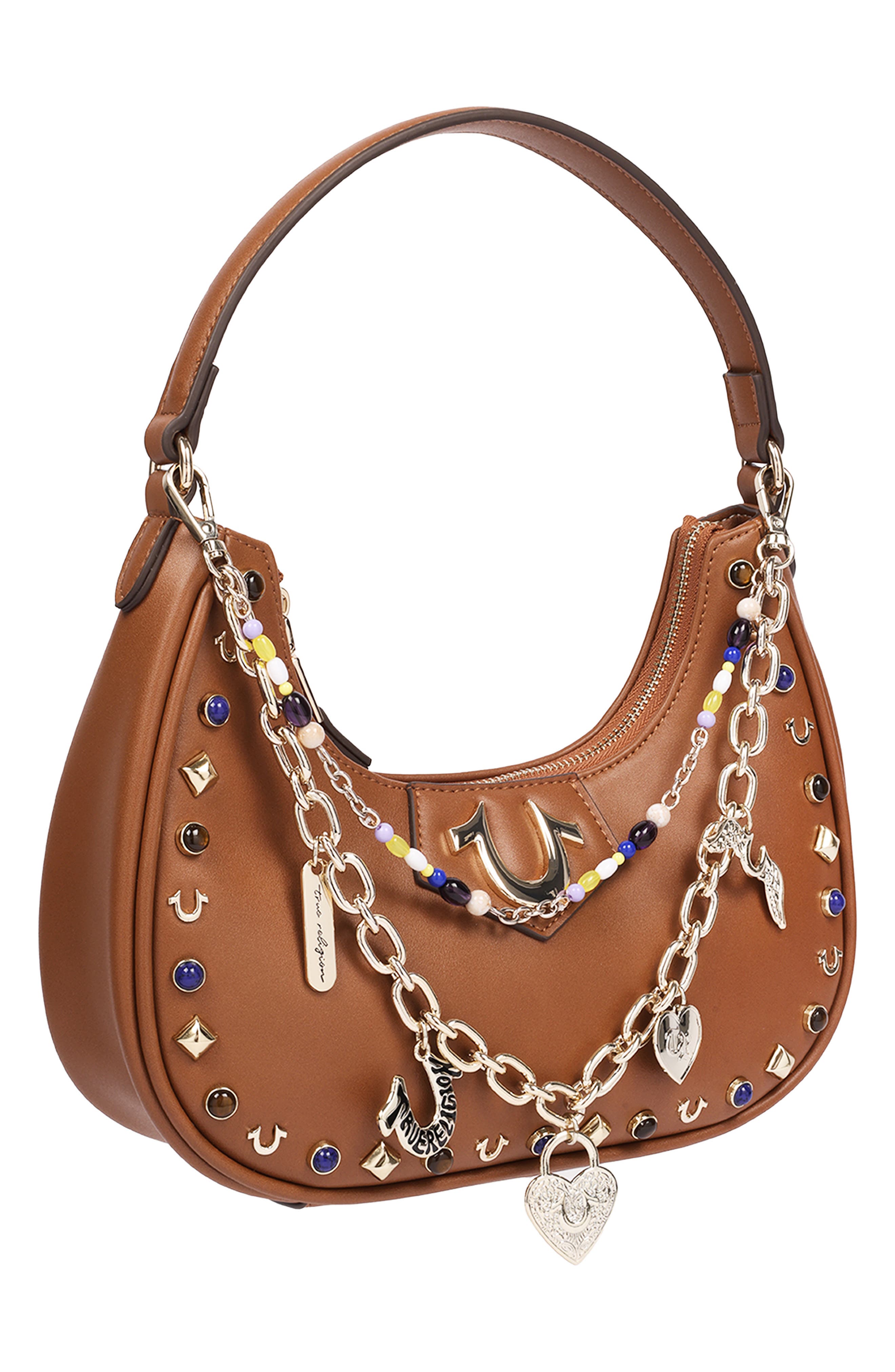 Chain and Studded Faux Leather Hobo, Alternate, color, COGNAC
