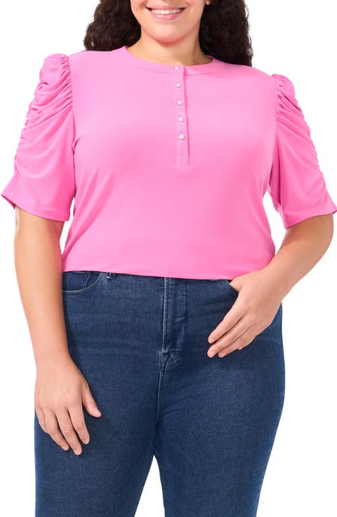 Shirred Sleeve Knit Henley (Plus)