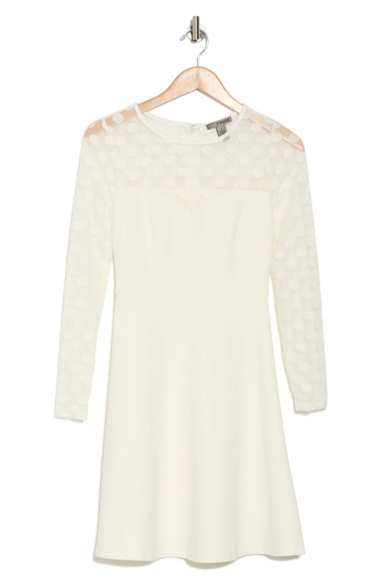 Elodie Polka Dot Mesh Long Sleeve Fit & Flare Dress, Alternate, color, CREAM