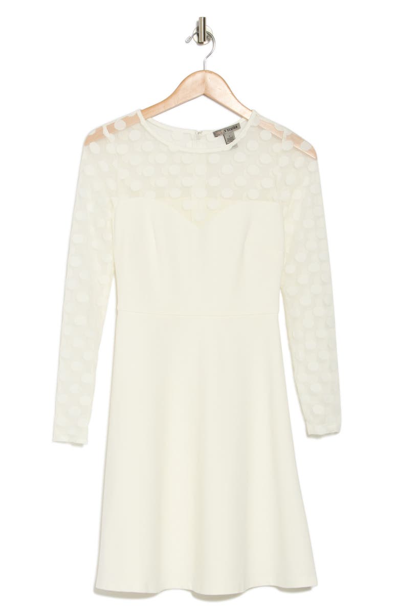 Love By Design Elodie Polka Dot Mesh Long Sleeve Fit & Flare Dress, Alternate, color, Cream