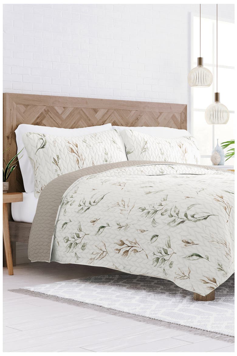 All Season Watercolor Leaves 3-Piece Down Alternative Reversible Quilt Set, Alternate, color, LATTE