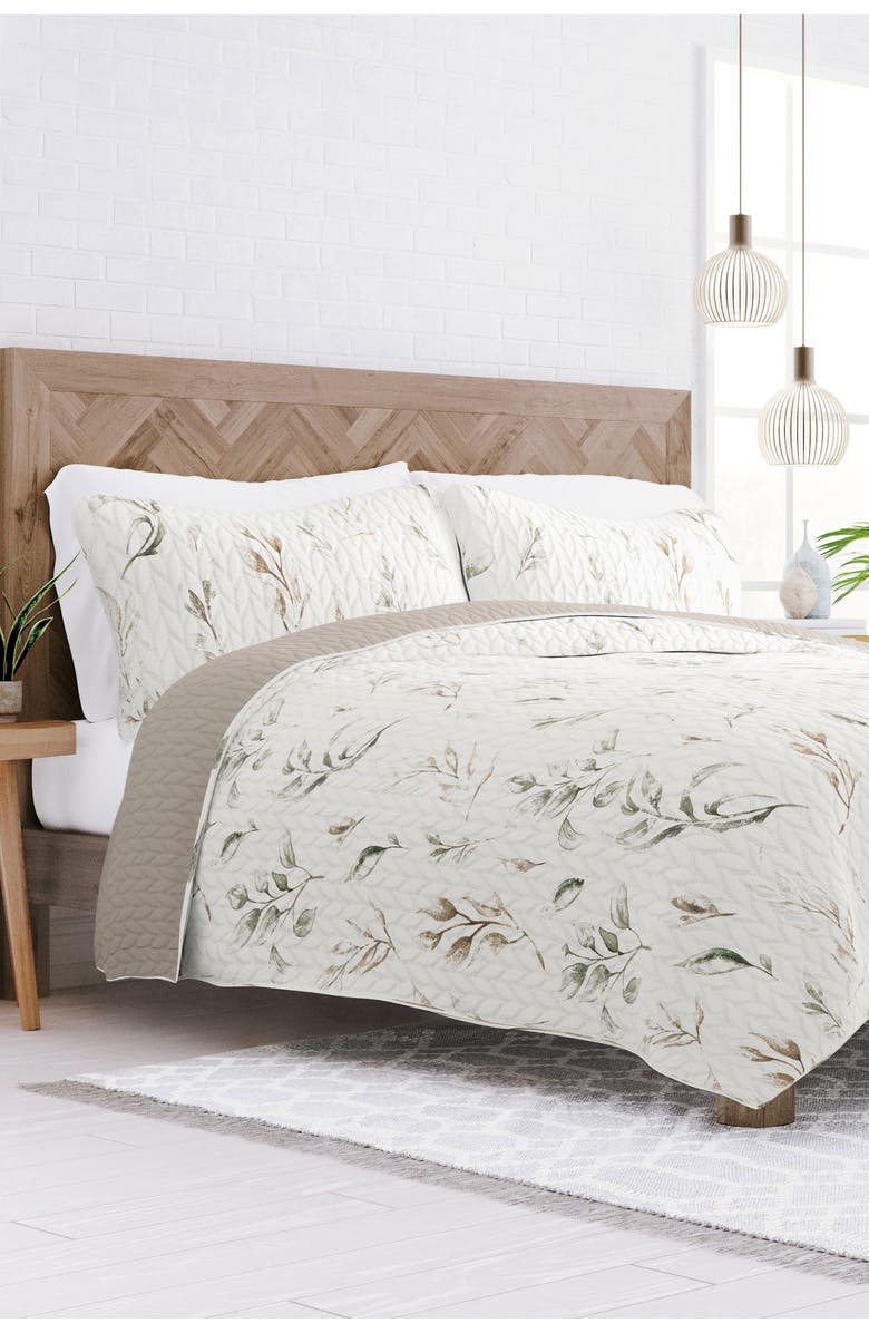 HOMESPUN All Season Watercolor Leaves 3-Piece Down Alternative Reversible Quilt Set, Alternate, color, Latte