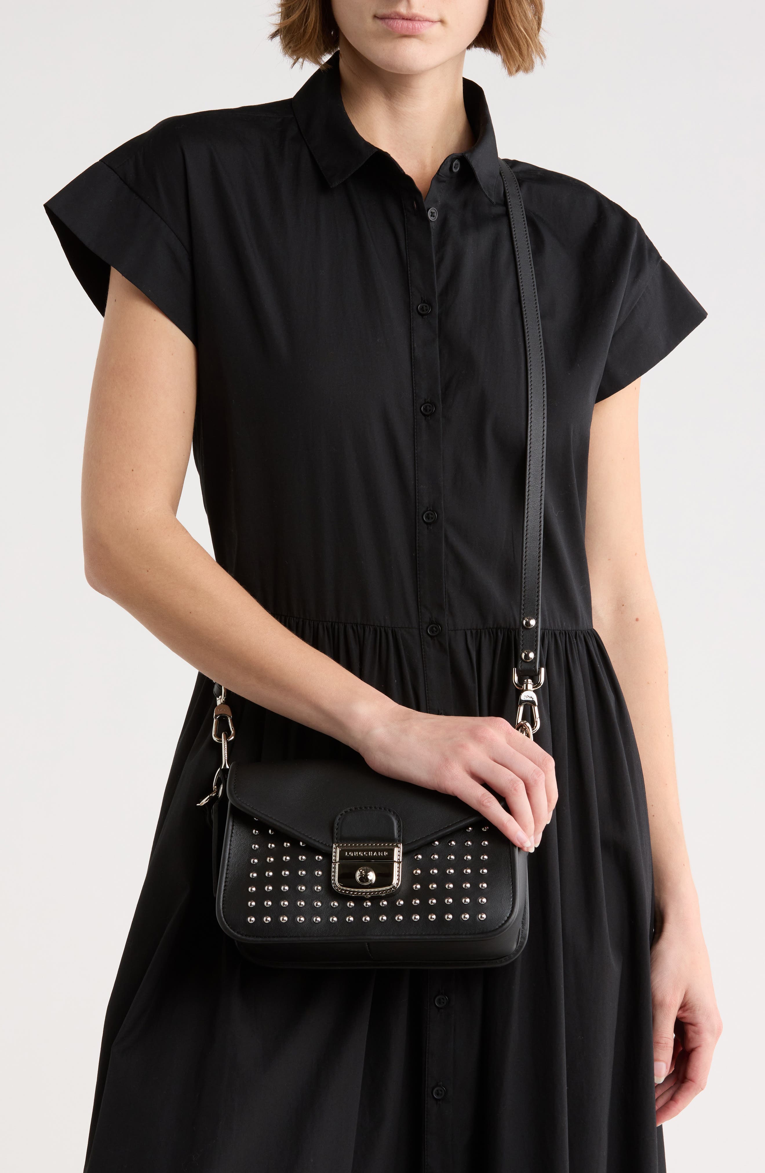 Longchamp Mademoiselle Calfskin Leather Crossbody Bag, Alternate, color, Black