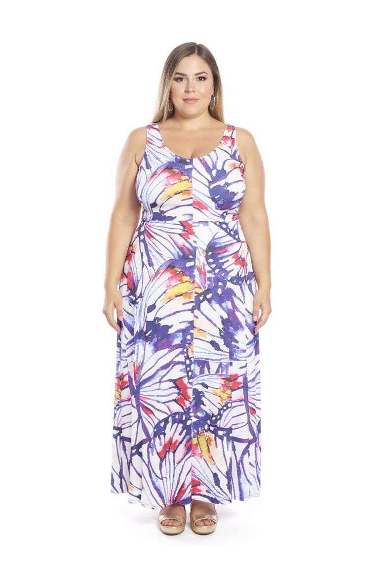 Plus Size Butterfly Scoop Neck Sleeveless A-Line Maxi Dress, Main, color, Purple Multi