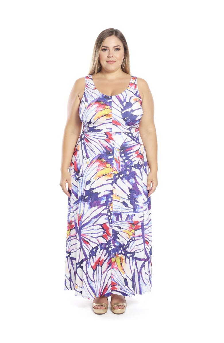 24seven Comfort Apparel Plus Size Butterfly Scoop Neck Sleeveless A-Line Maxi Dress, Main, color, Purple Multi