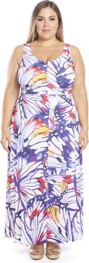 24seven Comfort Apparel Plus Size Butterfly Scoop Neck Sleeveless A-Line Maxi Dress