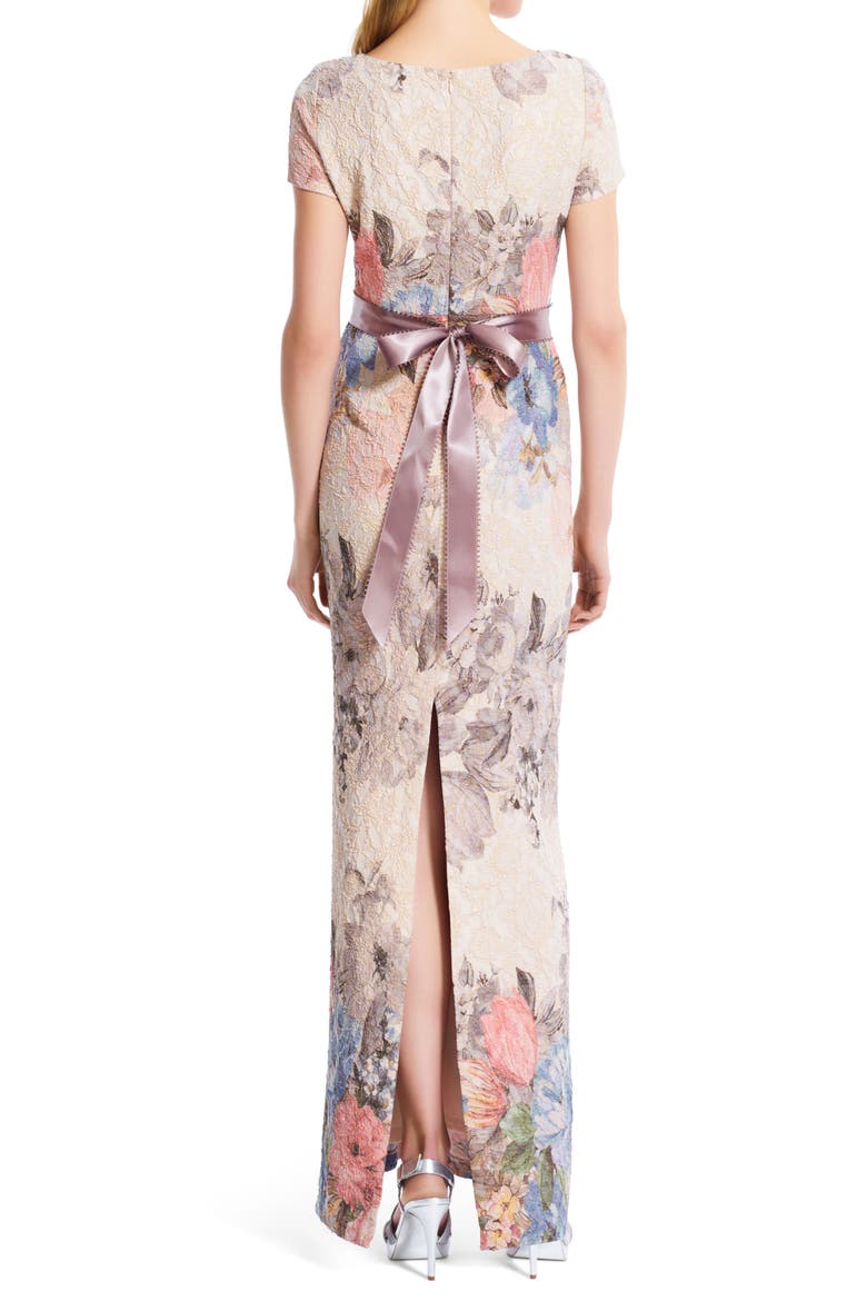 Matelassé Floral Jacquard Column Gown, Alternate, color, BLUSH MULTI