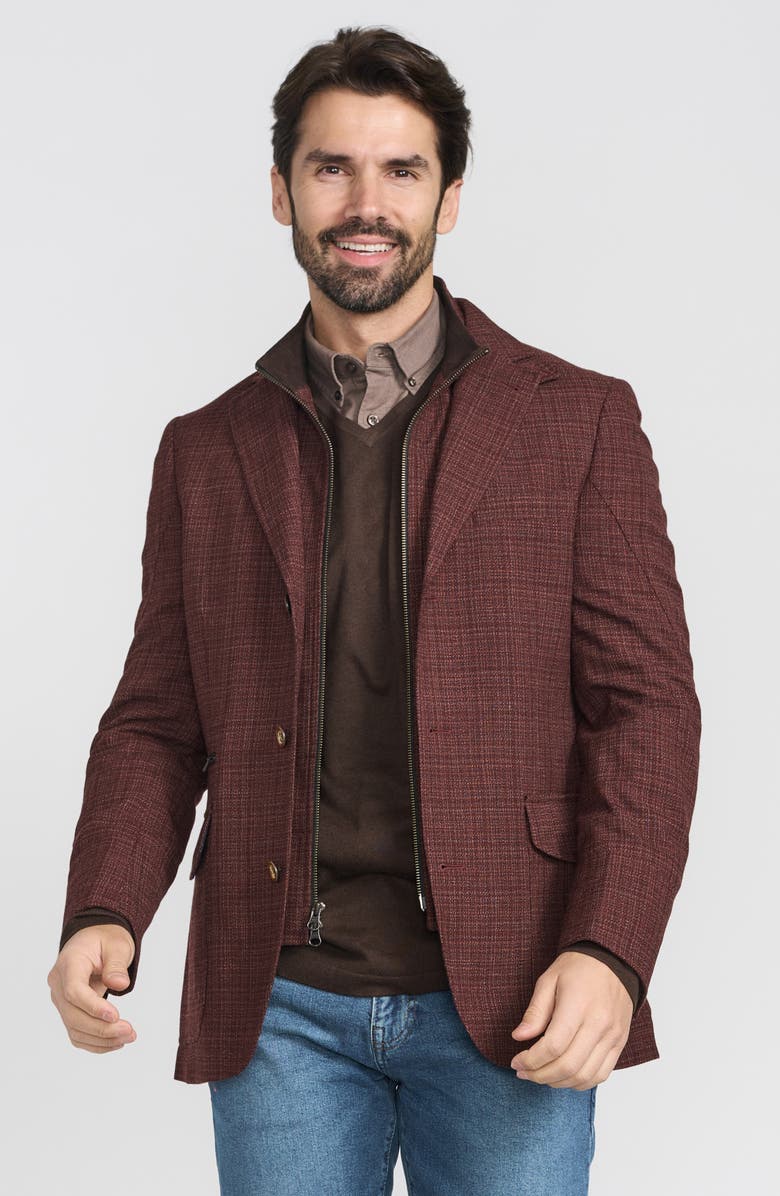 FLYNT Burgundy Plaid Stretch Wool Hybrid Sport Coat with Removable Bib, Alternate, color, Burgundy