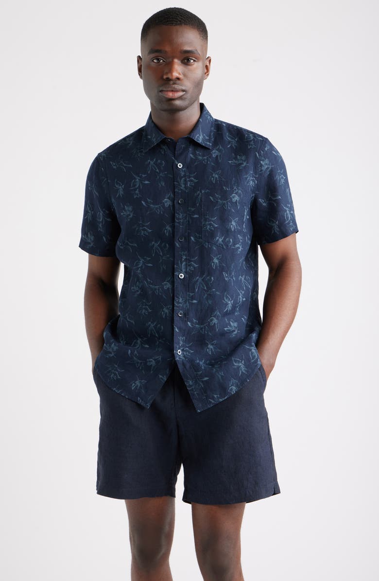 Nordstrom Leaf Print Short Sleeve Linen Button-Up Shirt, Main, color, Navy Washed Leaves