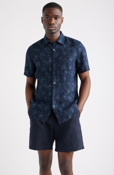 Leaf Print Short Sleeve Linen Button-Up Shirt (Regular & Big)