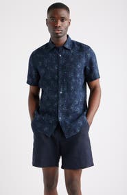 Nordstrom Leaf Print Short Sleeve Linen Button-Up Shirt