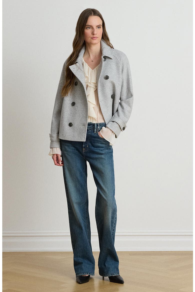Double Breasted Wool Blend Crop Coat, Alternate, color, CREAM/ GREY HERRINGBONE