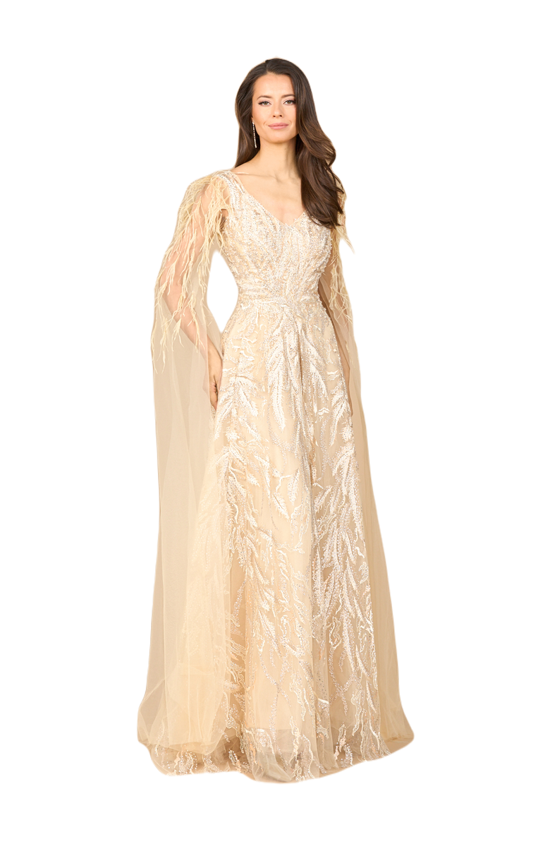 LARA New York V - Neck Gown with Long Cape Sleeves, Main, color, Champagne