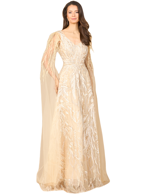 V - Neck Gown with Long Cape Sleeves