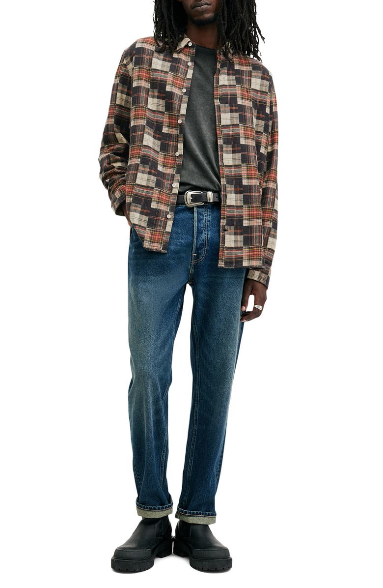 AllSaints Jude Patchwork Plaid Flannel Button-Up Shirt, Alternate, color, Red
