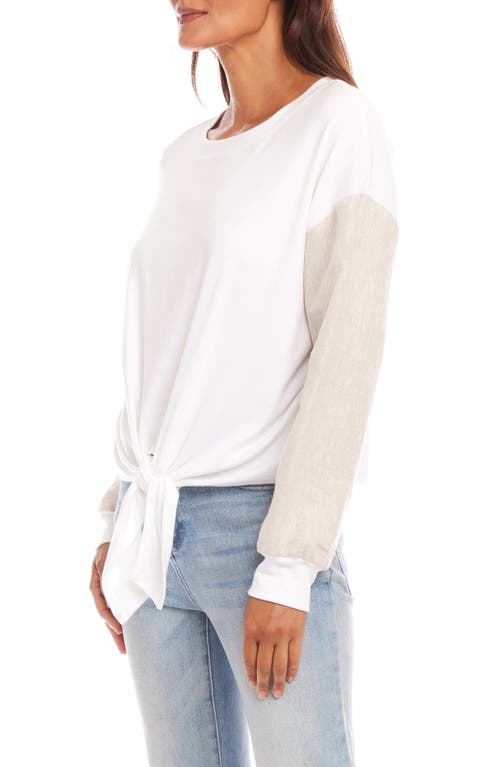 Karen Kane Contrast Sleeve Tie Front Knit Top In White
