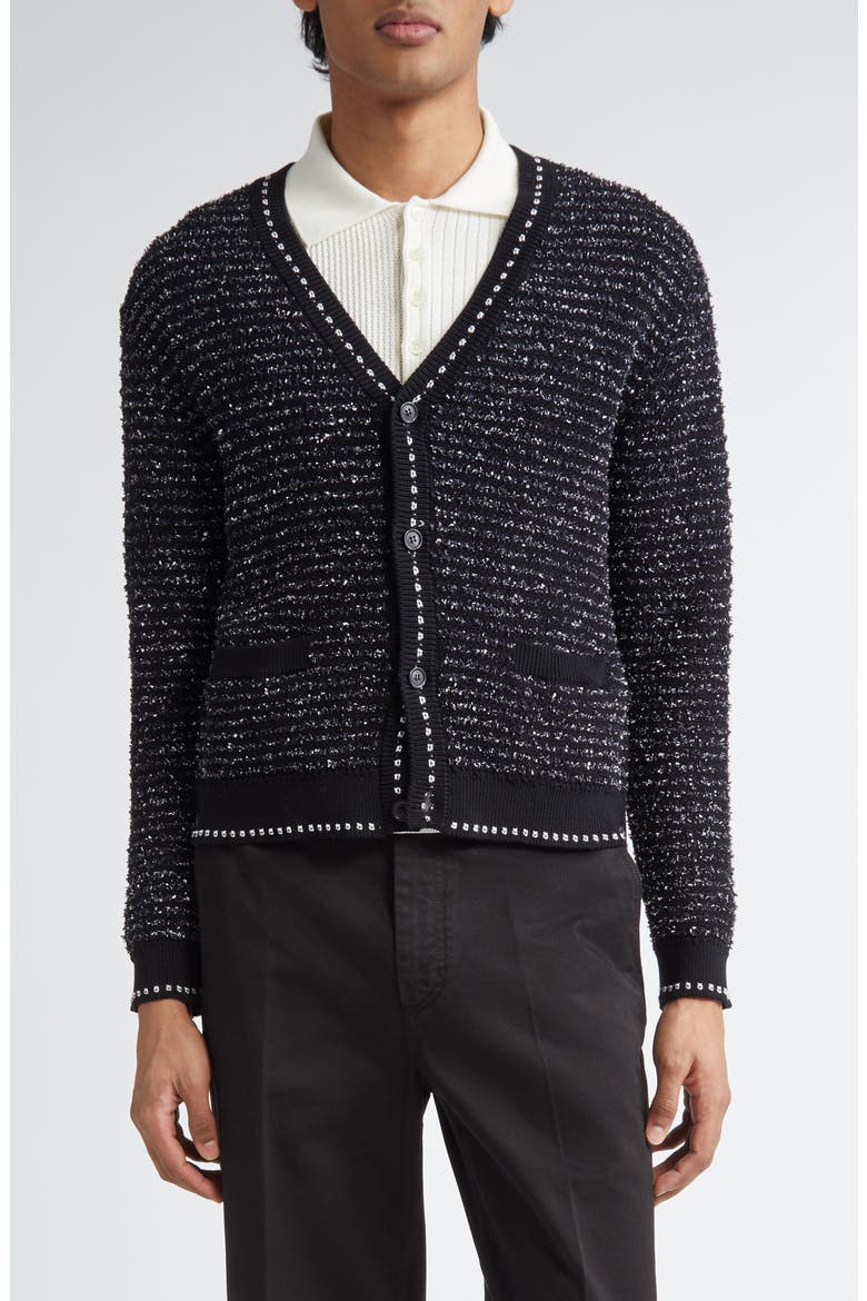 Eyelash Tweed Jacquard Knit Cardigan, Main, color, BLACK