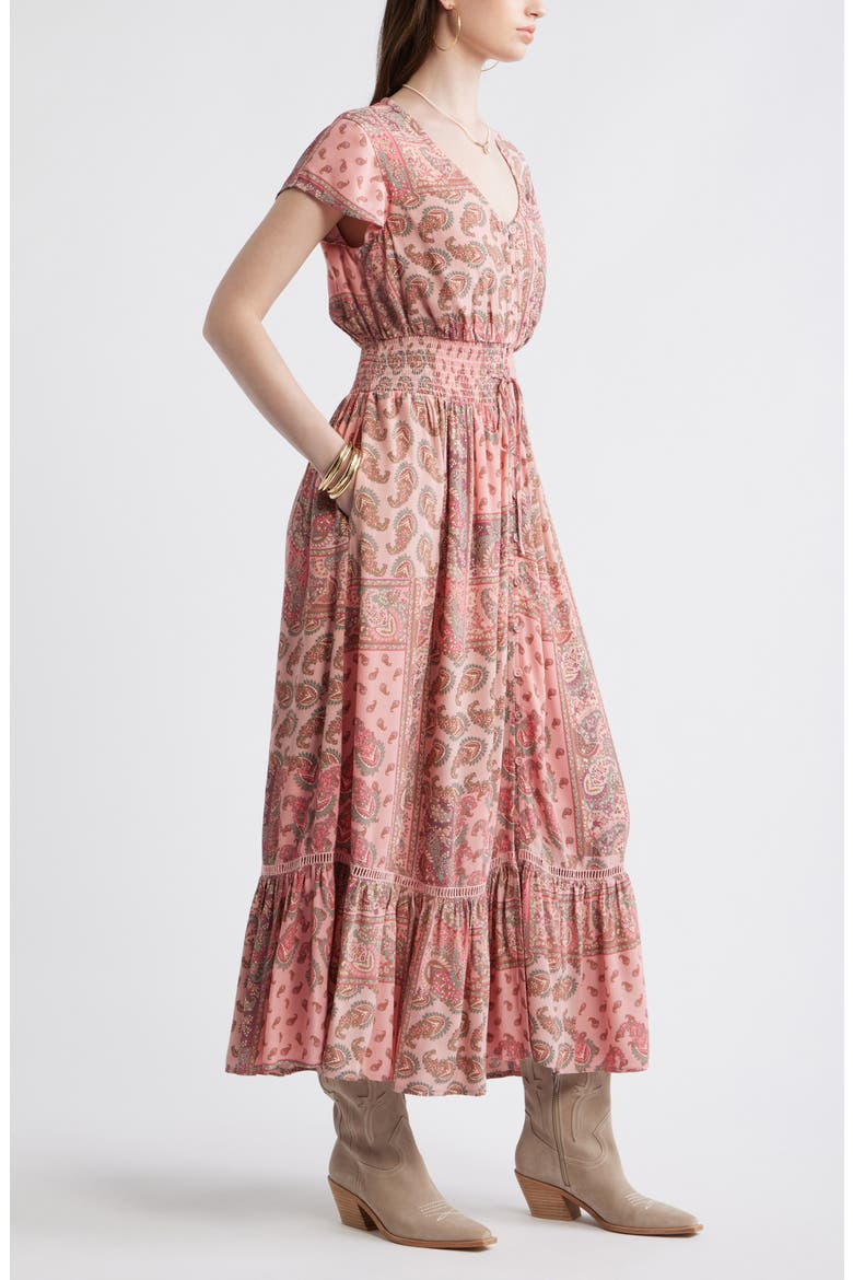 Print Smocked Waist Ruffle Hem Maxi Dress, Alternate, color, PINK- OLIVE PATCHWORK PAISLEY