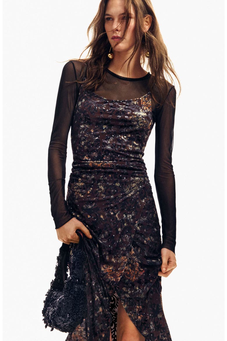 Metallic Mixed Print Long Sleeve Dress, Alternate, color, BLACK