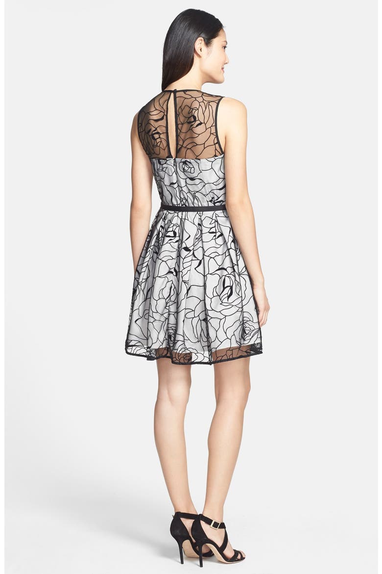 Floral Embroidered Mesh Overlay Fit & Flare Dress, Alternate, color, GREY