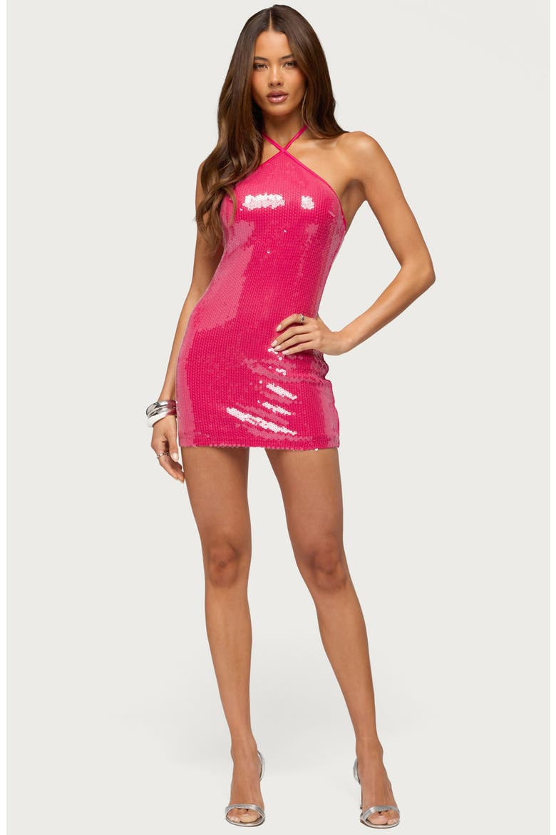 Vessie Sequin Halter Minidress, Alternate, color, PINK