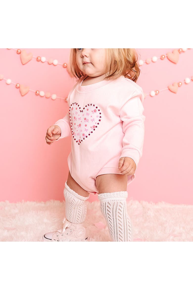 Dainty Rose Pearl Heart Patch Long Sleeve Romper, Alternate, color, Ballet Pink