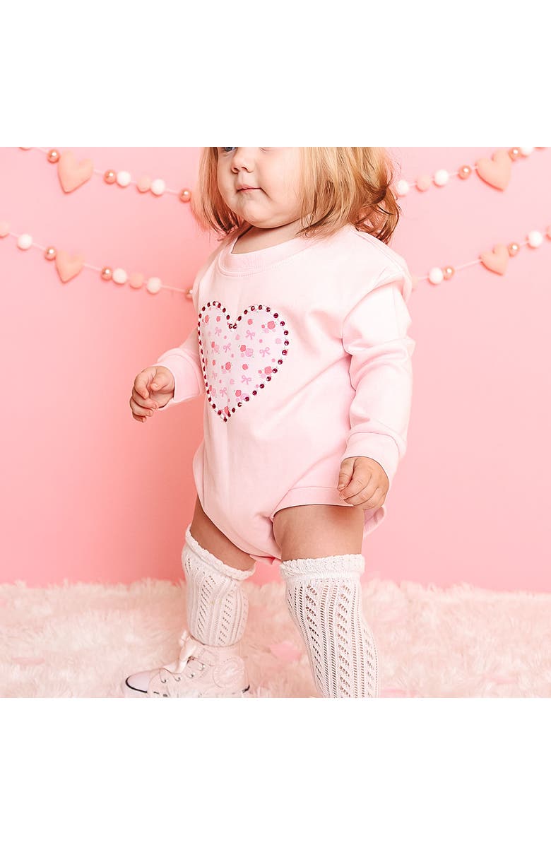 Sweet Wink Dainty Rose Pearl Heart Patch Long Sleeve Romper, Alternate, color, Ballet Pink