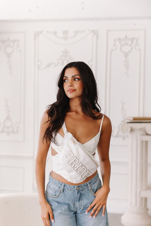 Untamed Petals Bride Varsity Belt Bag In White