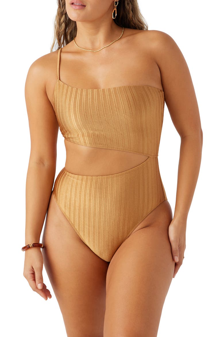 Mizi Agadir Metallic Rib One-Shoulder One-Piece Swimsuit, Main, color, BROWN SUGAR
