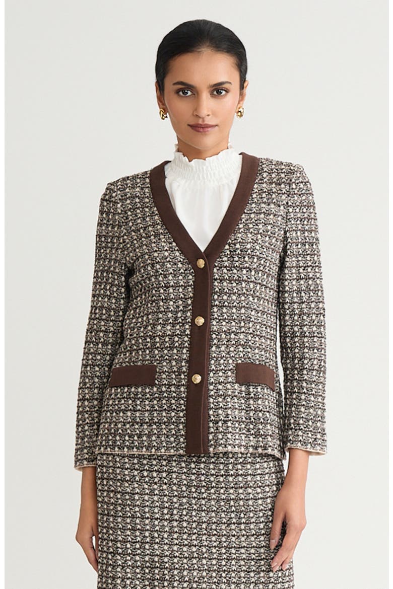 Tailored Contrast Trim Tweed Knit Jacket, Main, color, Dark Umber/Twig/Black/Ivory