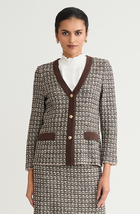 Tailored Contrast Trim Tweed Knit Jacket