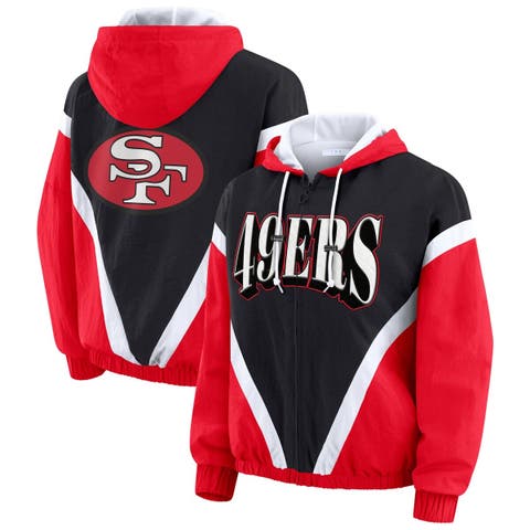 Women's WEAR by Erin Andrews Scarlet/Black San Francisco 49ers Plus Size Retro Crinkle Full-Zip Windbreaker Jacket